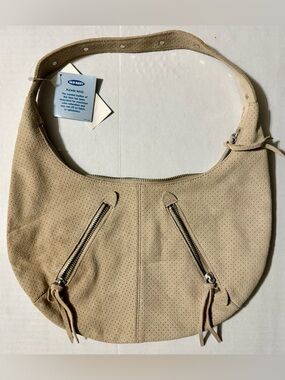 NWT Old Navy Perforated Suede Hobo Bag - Moto Studded Shoulder Bag - Beige